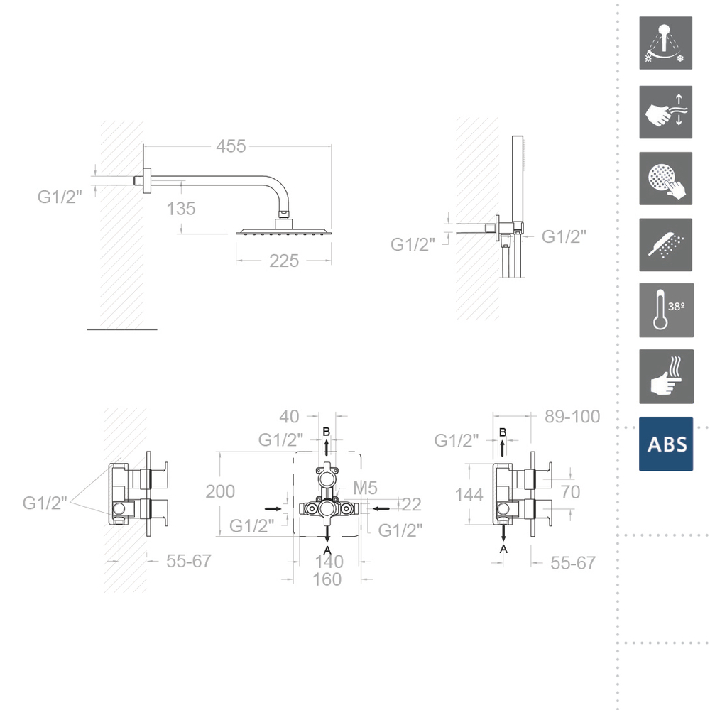 Встраиваемый термостатический смеситель для душа с тропическим и ручным душем BLAUTHERM 948712RPK225