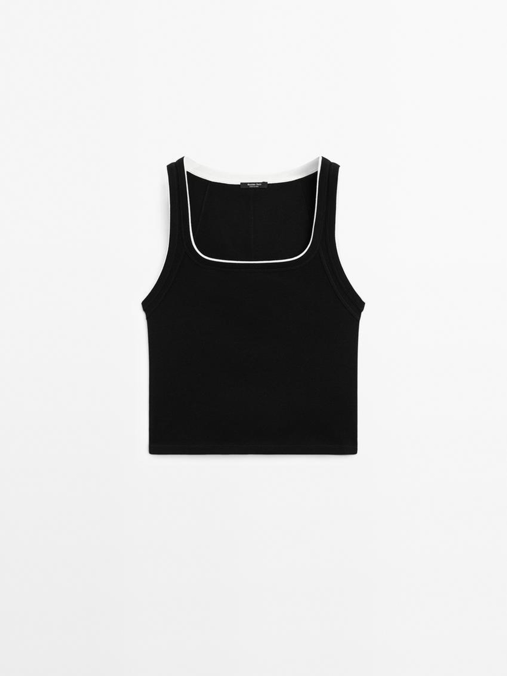 Massimo Dutti Футболка из хлопка в рубчик, черный