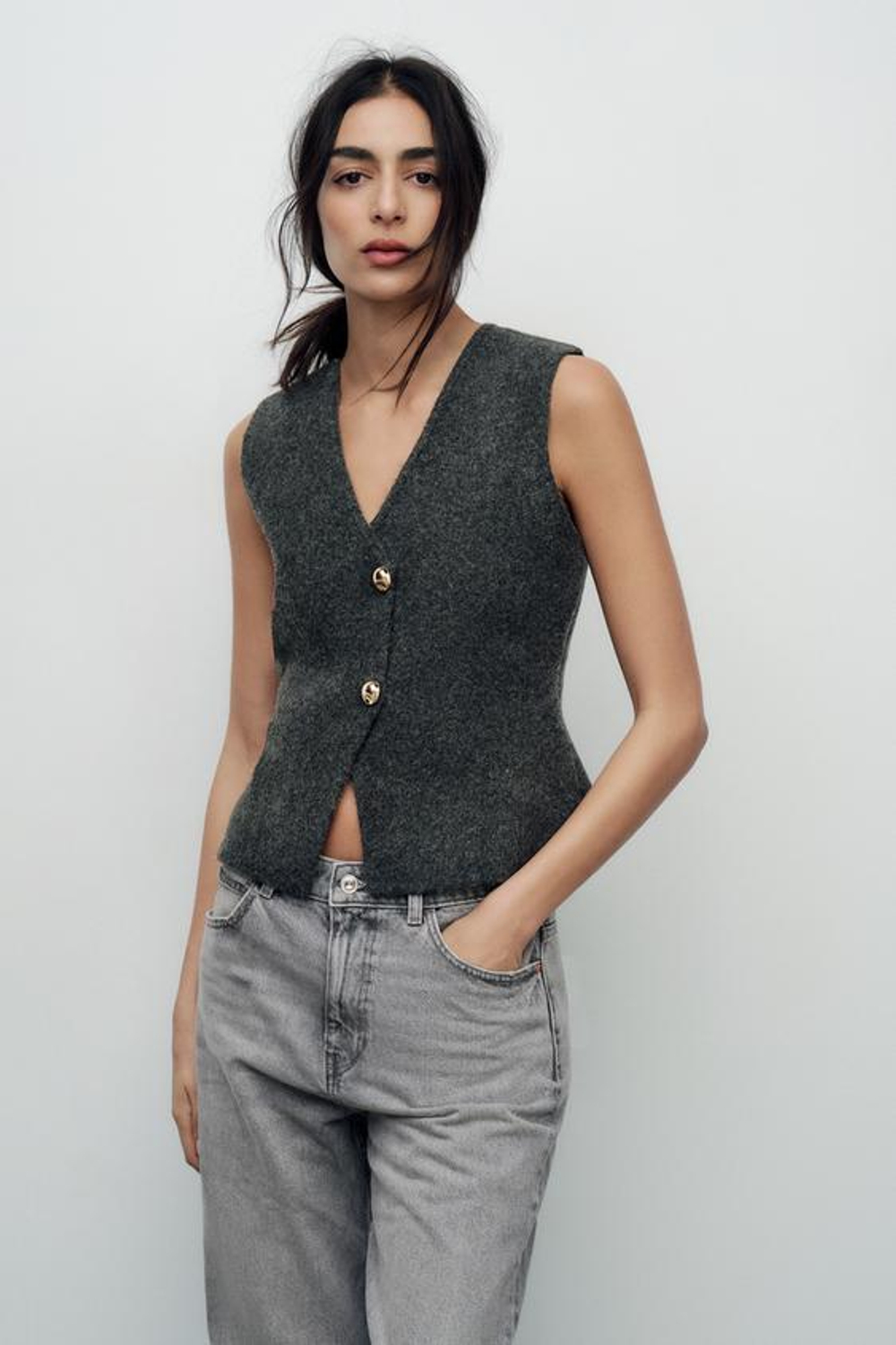 ZARA ОДНОТОННЫЙ ТРИКОТАЖНЫЙ ЖИЛЕТ, СЕРЫЙ