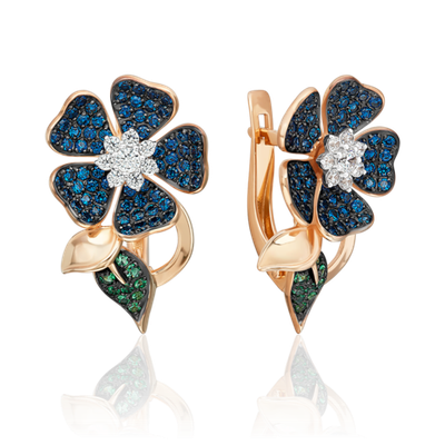 Серьги «Синие цветы» с английским замком из красного золота с фианитами