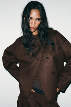 ZARA МЯГКАЯ КУРТКА С ЗАПАХОМ, ТЕМНО-КОРИЧНЕВЫЙ