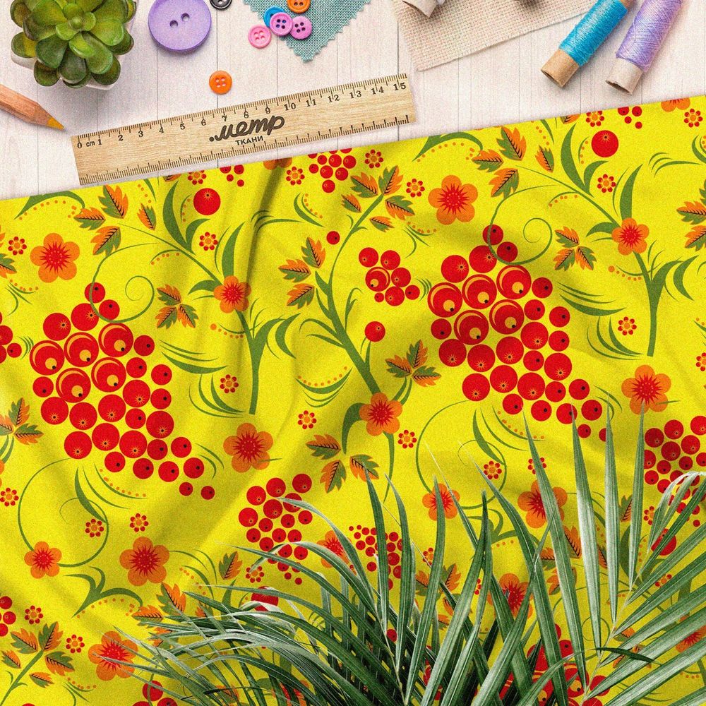 Ткань флис хохломские мотивы на желтом