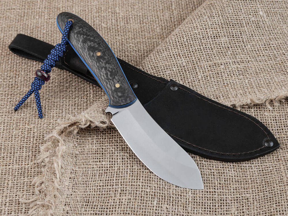 Силовой нож для бушкрафта "Канадец", сталь VG-10/Elmax, рукоять карбон (синий спейсер)