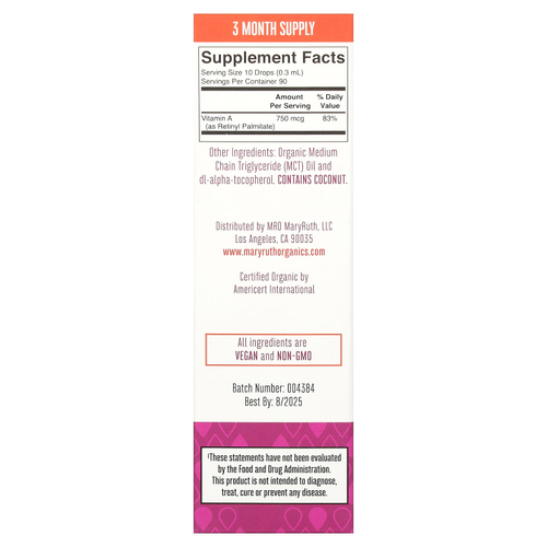 MaryRuth's, органический витамин A в каплях, без добавок, 750 мкг, 30 мл (1 жидк. унция)