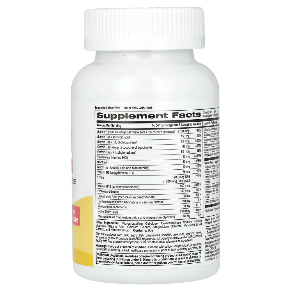 Super Nutrition, Simply One, пренатальные мультивитамины тройного действия, 90 таблеток