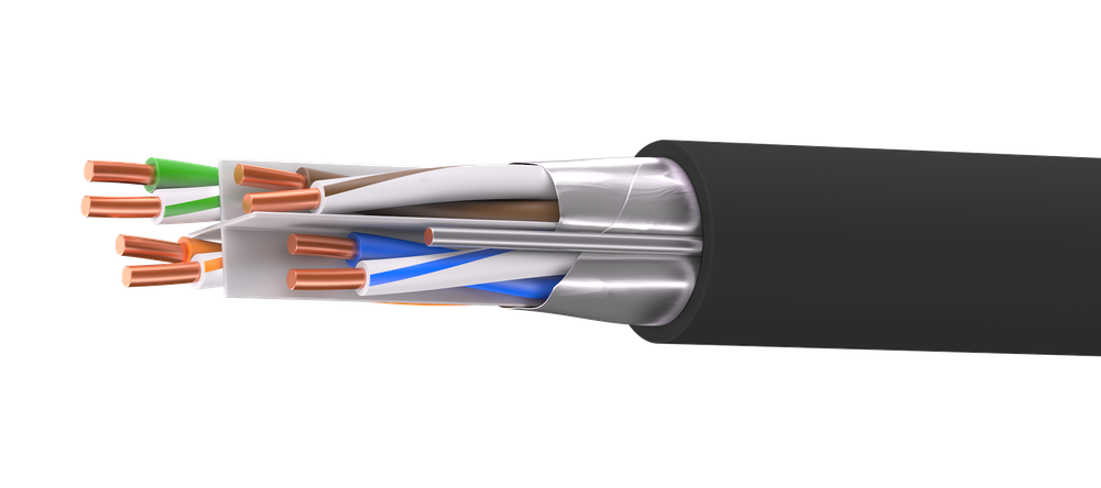Кабель витая пара кат. 6 экранированный F/UTP, 4 пары, нг(А)-HF, для внешней/внутренней прокладки, чёрный, катушка 305 м