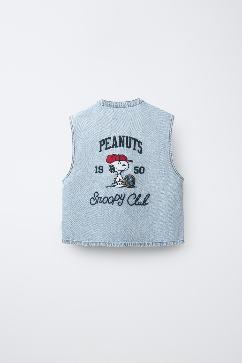 ZARA ДЖИНСОВЫЙ ЖИЛЕТ SNOOPY PEANUTS™, ГОЛУБОЙ