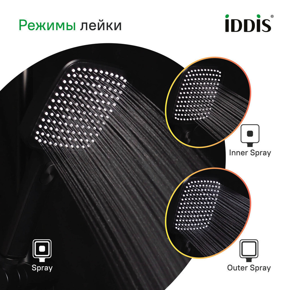 Лейка для душа IDDIS ESP3FBSi18 "Esper" квадрат, 3 режима ЧЕРНЫЙ матовый, коробка