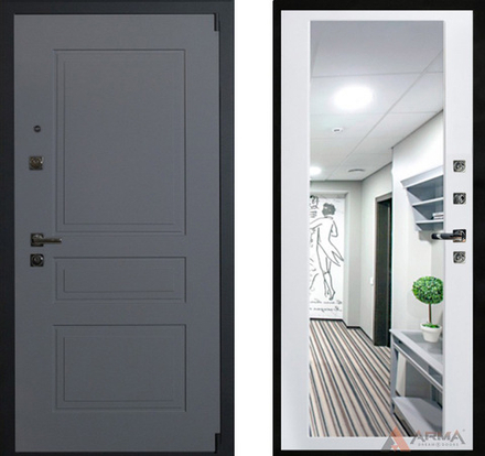Входная металлическая дверь с зеркалом Нео Ясень 03 Софт белый без текстуры (фурнитура ХРОМ блестящий)