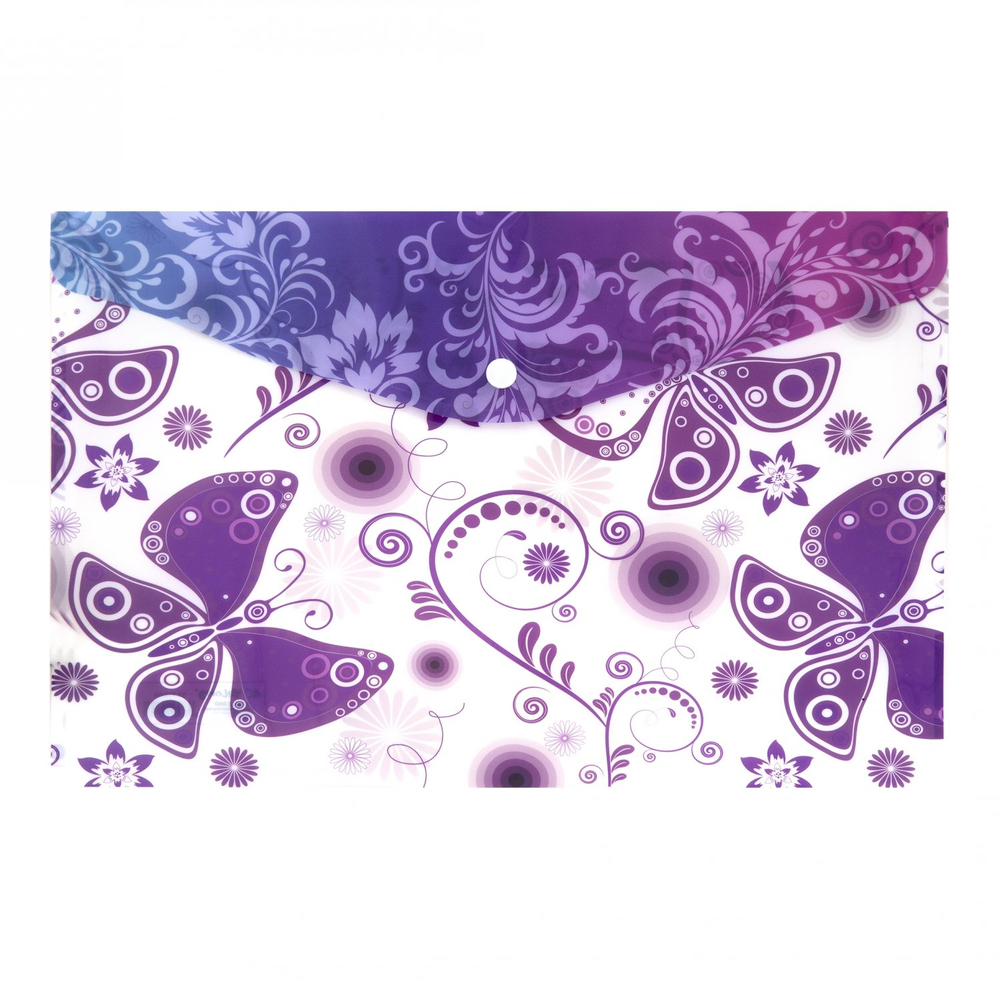 Папка-конверт на кнопке Yalong, A4, 260х360 мм, 160 мкм, ассорти, полупрозрачная с рисунком, "Бабочки"