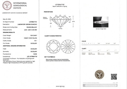 Лабораторно-выращенный бриллиант круг 6.48 х 6.52 х 3.96 мм FancyVIVID YELLOW/VS1 1.05 ct