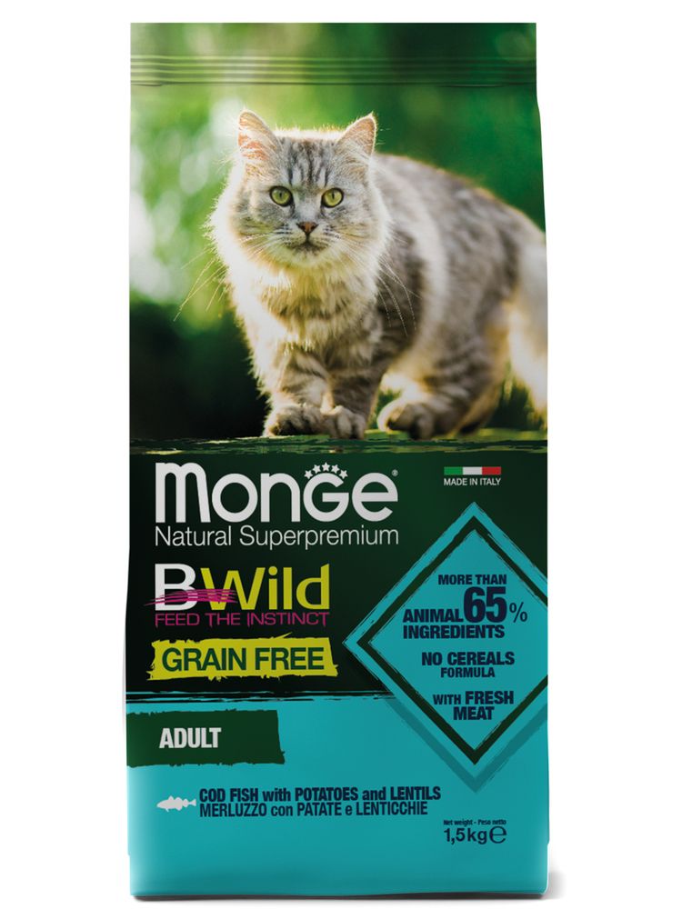 Сухой корм Monge Cat BWild GRAIN FREE для взрослых кошек, беззерновой из трески 1,5 кг