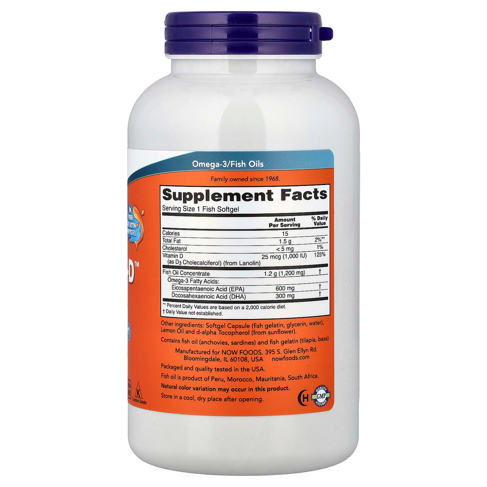 NOW Foods, Ultra Omega 3-D™, рыбий жир, 180 капсул из рыбьего желатина