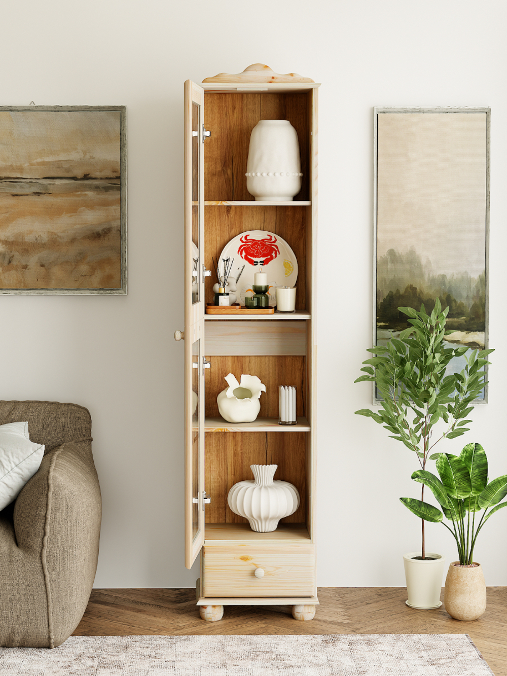 Шкаф витрина 1 дверь 1 ящик Бритта из массива сосны, бежевый, в лаке