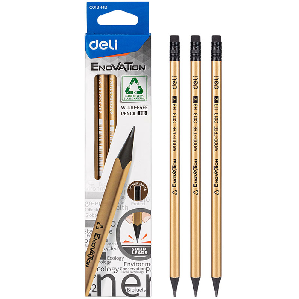 Карандаш DELI "EnoVation", НВ, трехгранный корпус, пластик, с ластиком, ассорти