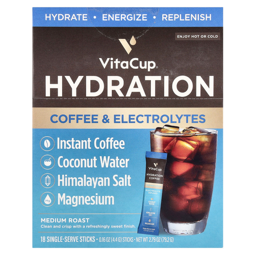 VitaCup, Растворимый кофе с электролитами для гидратации, средняя обжарка, 18 порционных палочек, по 4,4 г (0,16 унции)