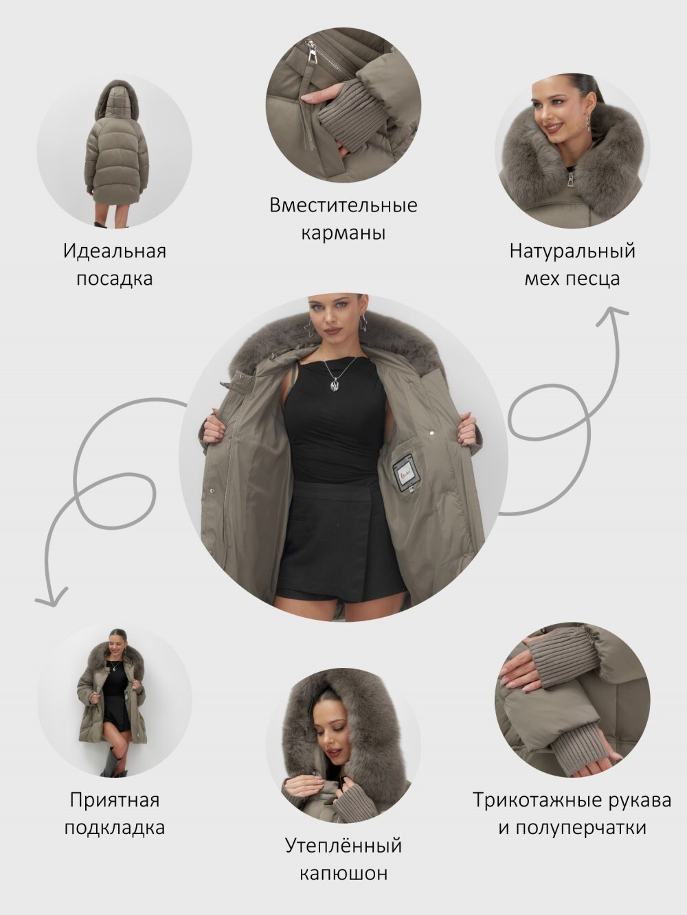Куртка зимняя женская с мехом и капюшоном тренд коричневого цвета 7737K