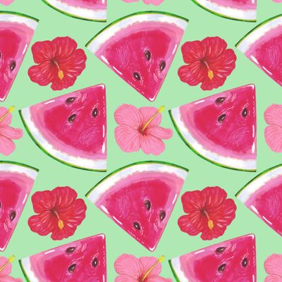 Тропические цветы и дольки арбуза