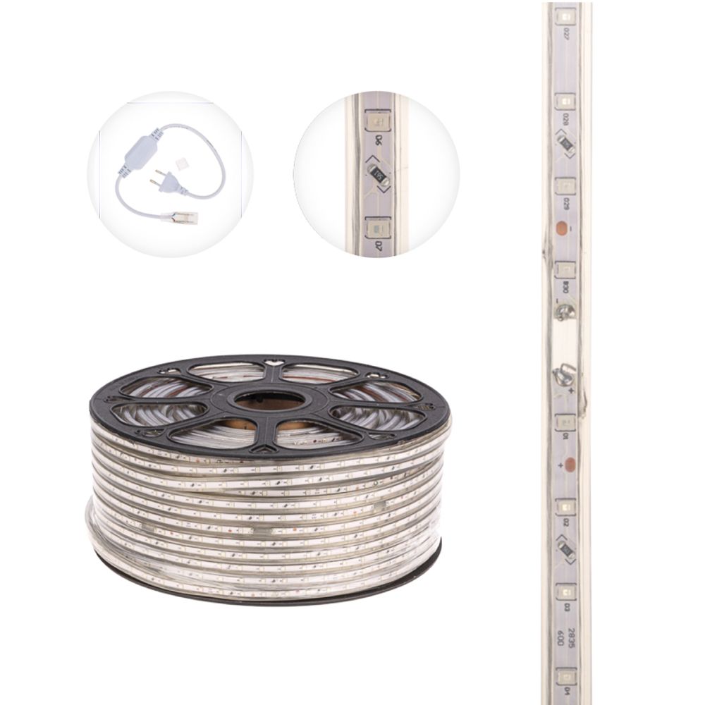 Лента светодиодная 220В, SMD2835, 4,8Вт/м, 60 LED/м, Красный, 10х7мм, 100м, с кабелем питания, IP67