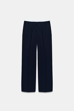 ZARA БРЮКИ ПРЯМОГО КРОЯ С КОНТРАСТНЫМ ПОЯСОМ, МОРСКОЙ СИНИЙ