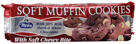 MERBA  мягкое печенье с какао SOFT MUFFIN с кусочками молочного, белого и темного шоколада, 175 гр