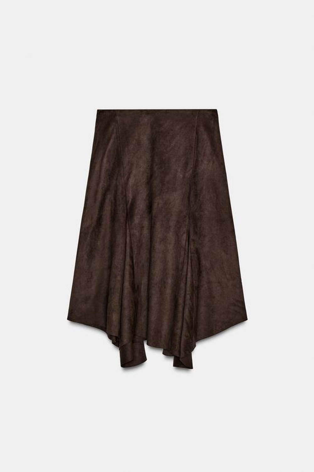 ZARA ЮБКА МИДИ АСИММЕТРИЧНОГО КРОЯ ИЗ ИСКУССТВЕННОЙ ЗАМШИ, КОРИЧНЕВЫЙ