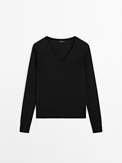 Massimo Dutti Свитер из смесовой шерсти с V-образным вырезом, черный