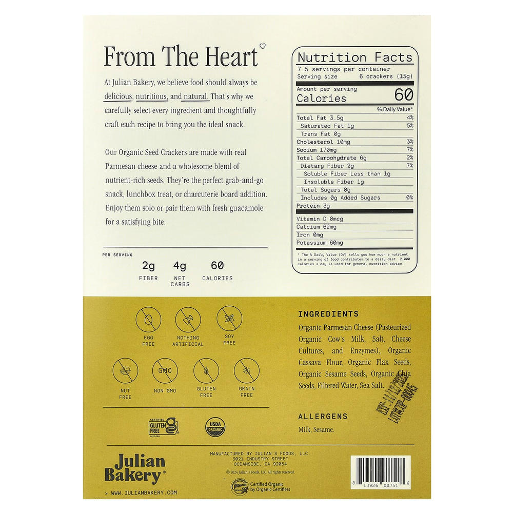 Julian Bakery, крекеры из органических семян, пармезан, 113 г (4 унции)