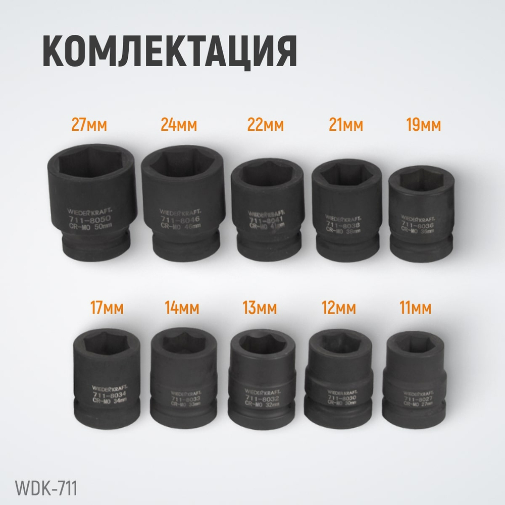 WDK-711 Набор ударных головок 1", 27-50 мм, 10 предметов