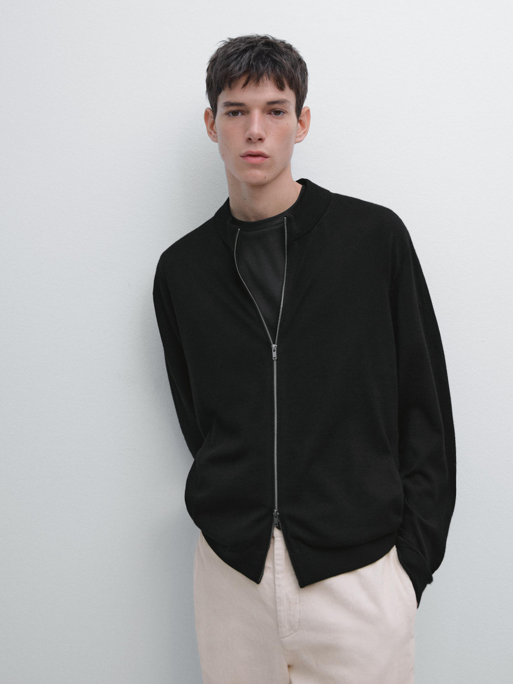 Massimo Dutti Вязаный кардиган из мериносовой шерсти на молнии, черный