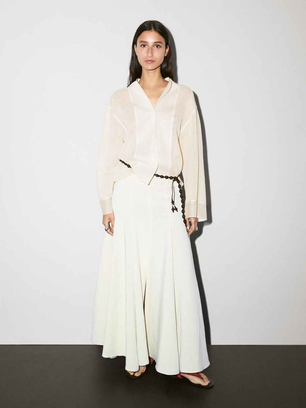 Massimo Dutti Блуза из смесового хлопка с деталью из ткани, бежевый