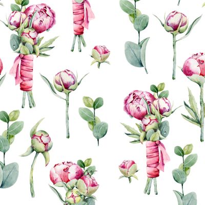 Букет пионов и веточка эвкалипта. Акварель