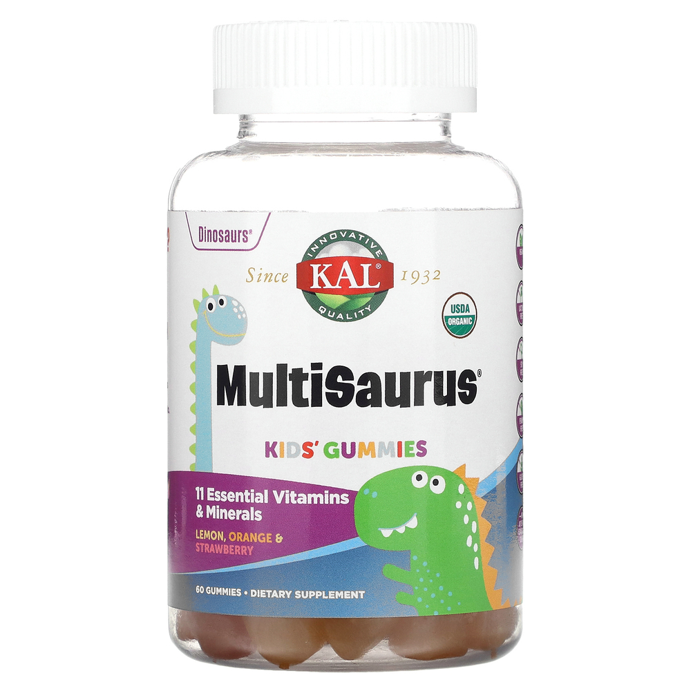 KAL, Kids Multisaurus, жевательные мармеладки, лимон, апельсин и клубника, 60 жевательных таблеток
