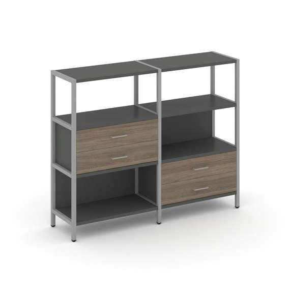 Shelf System Двухсекционный стеллаж трехярусный с ящиками SN.STM-323 Антрацит/Вяз Благородный/Металл