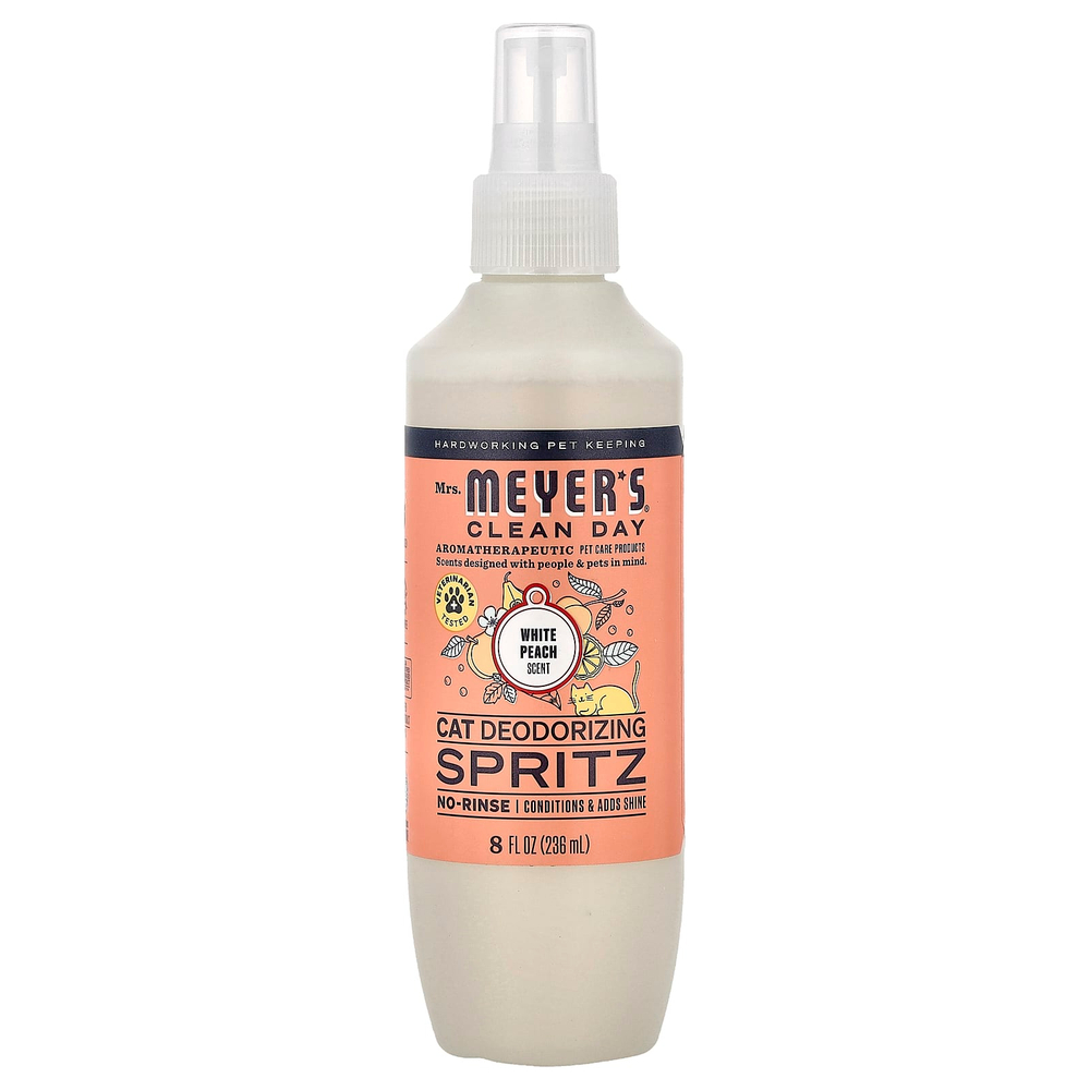 Mrs. Meyers Clean Day, дезодорирующий спрей для кошек, белый персик, 236 мл (8 жидк. унций)