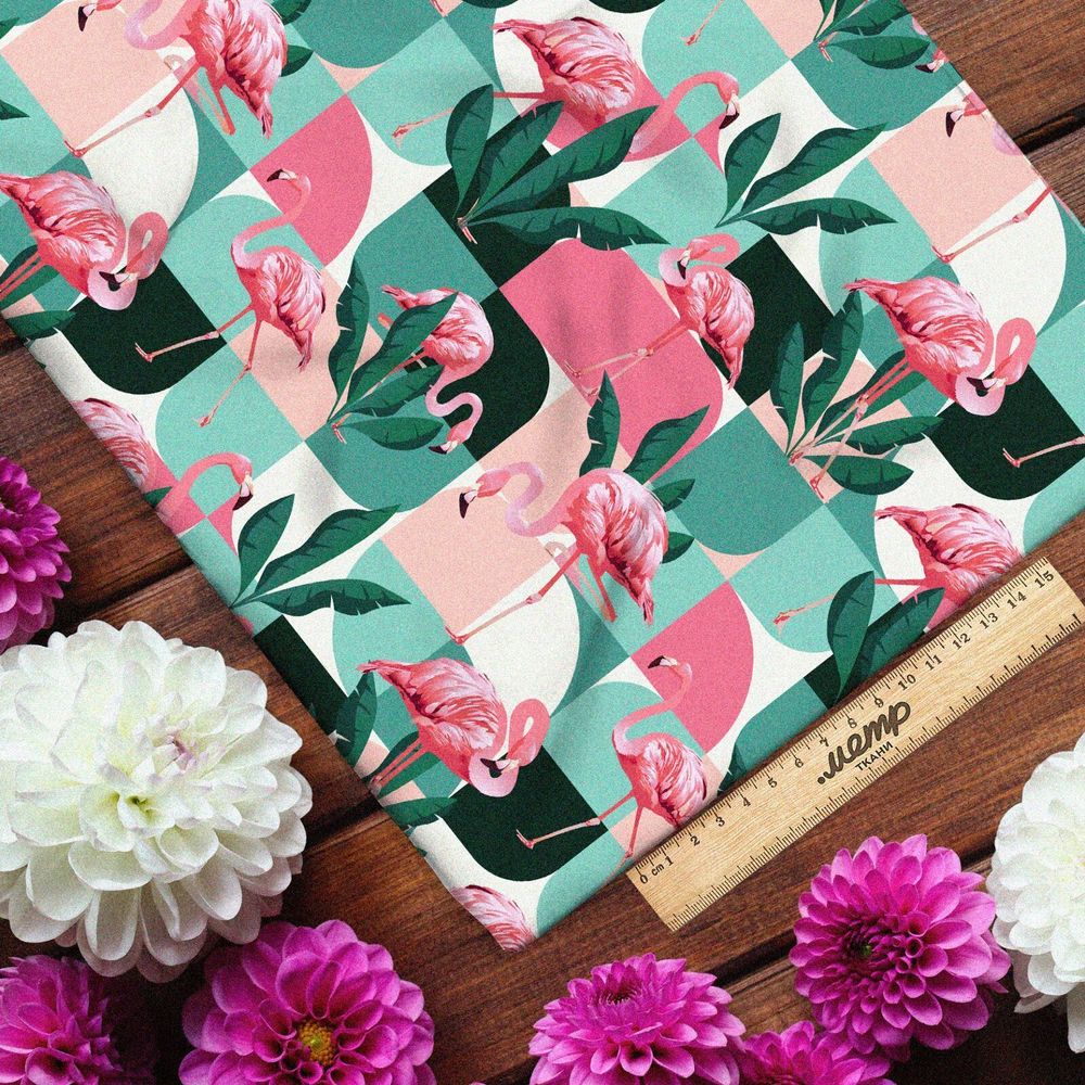 Ткань кулирная гладь фламинго в квадратах