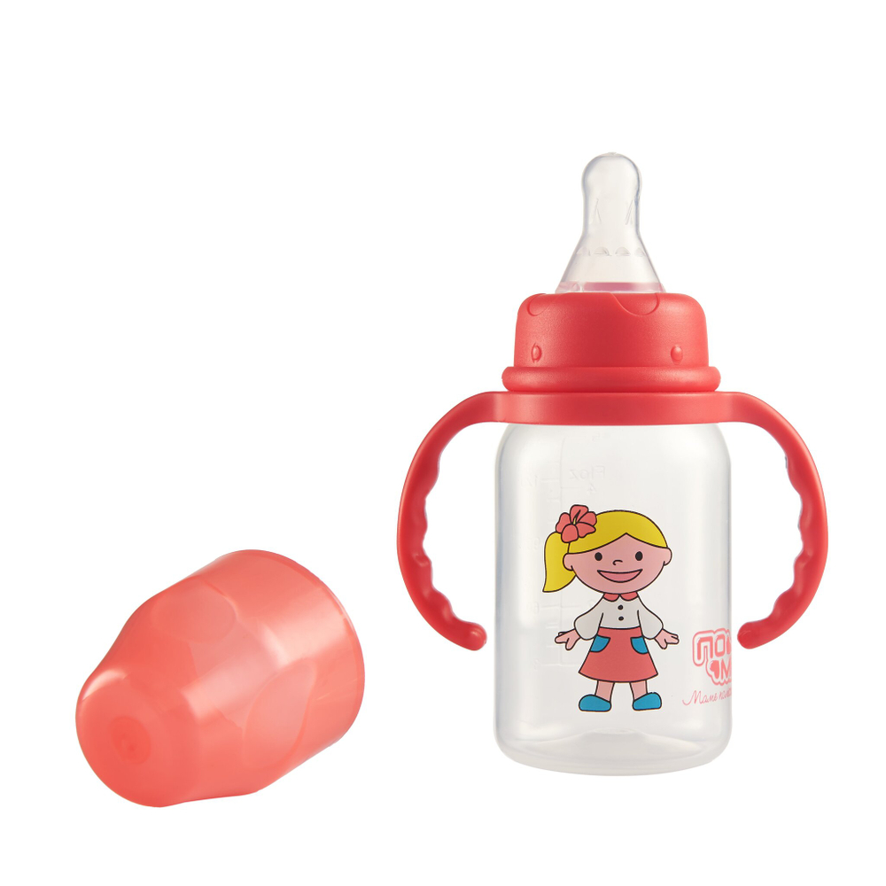 Бутылочка с ручками с силиконовой соской со средним потоком ПОМА 140 мл. с 4 месяцев, красный