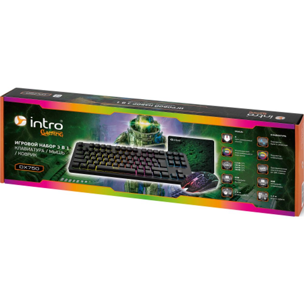 Клавиатура и мышь комплект Intro DX750 игровые 1200-3600dpi + коврик черный