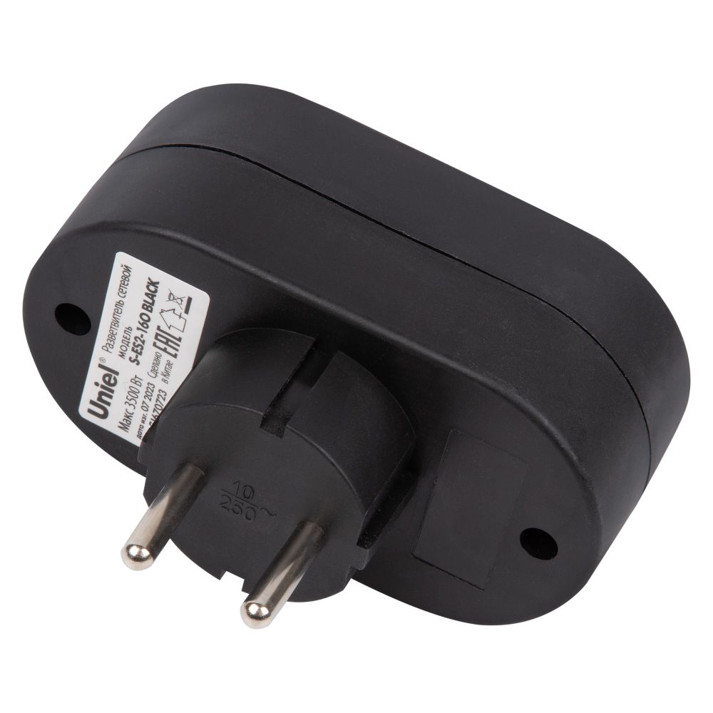 S-ES2-16O BLACK Разветвитель сетевой. б-з. 2 гнезда. 16А. 3500Вт. Черный. ТМ Uniel