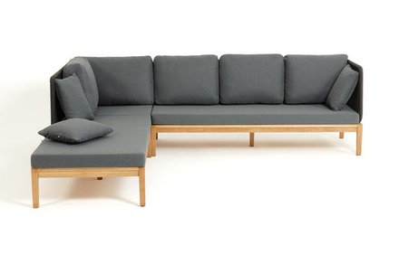 "Каталония" диван модульный плетеный из роупа, основание дуб, роуп темно-серый круглый, ткань темно-серая 027