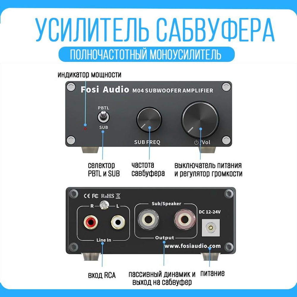 Усилитель для сабвуфера Fosi Audio M04 (19 В)