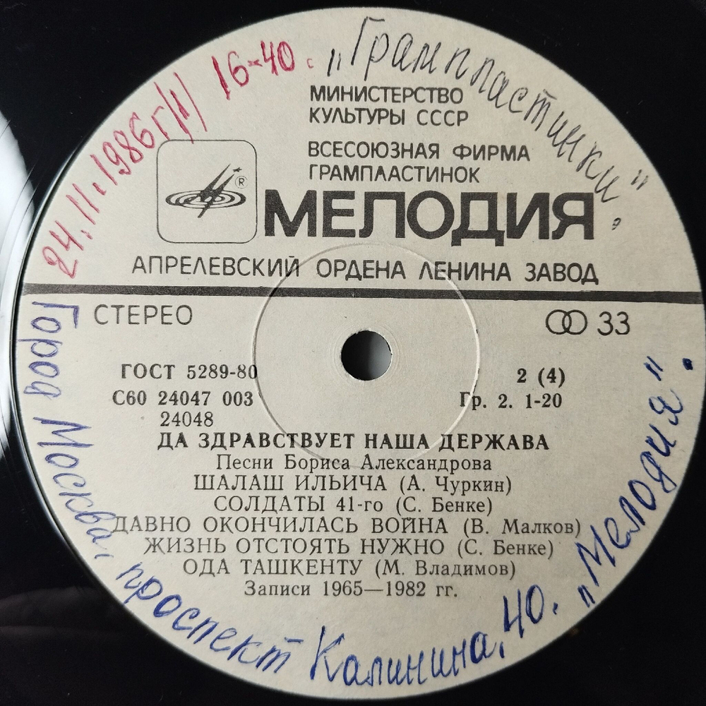 Винтажная виниловая пластинка LP Борис Александров Да Здравствует Наша Держава Военные Песни (СССР 1986)