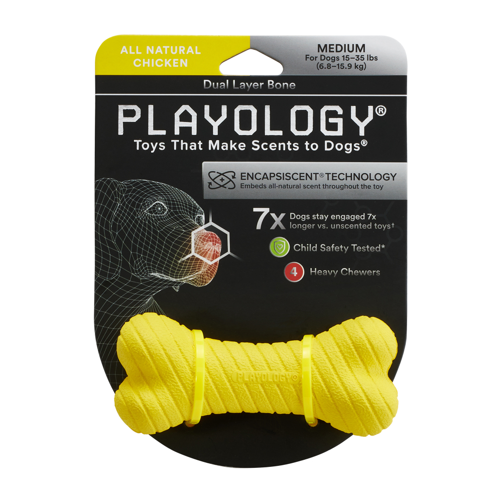 Playology двухслойная жевательная косточка DUAL LAYER BONE для собак средних пород с ароматом курицы, средняя, цвет желтый