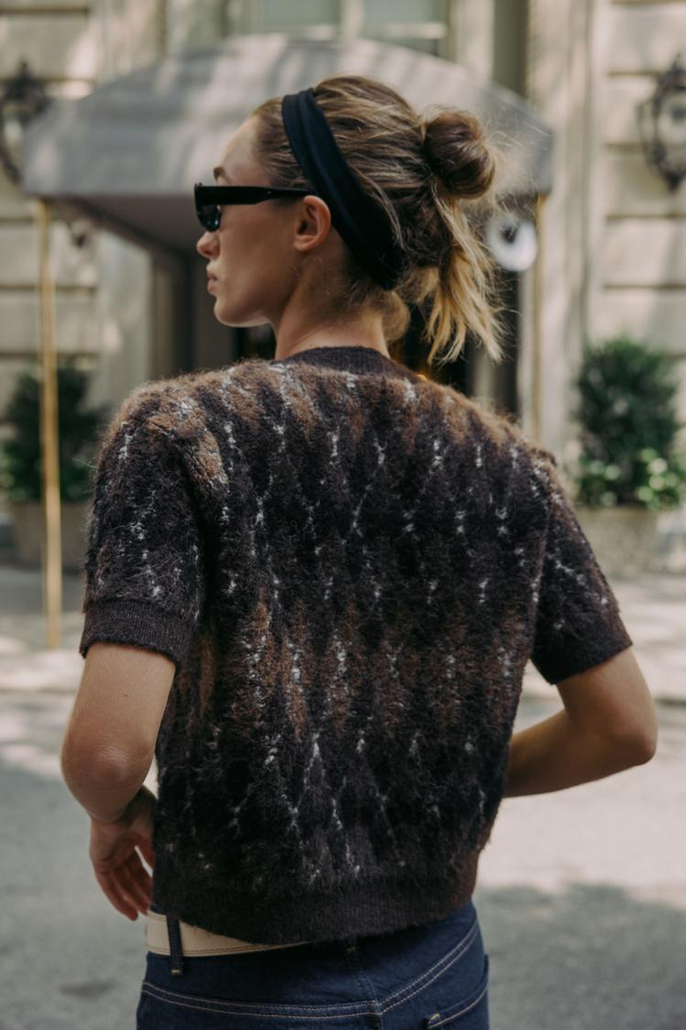 ZARA КАРДИГАН С КОРОТКИМИ РУКАВАМИ И УЗОРОМ «РОМБЫ», КОРИЧНЕВЫЙ