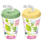 Стакан с крышкой 420мл с декором Fresh Juice с трубочкой c колпачком (микс)