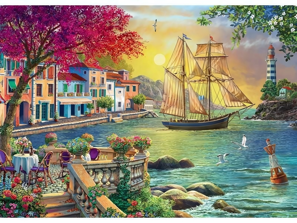Алмазная мозаика 30х40см. "Парусник у набережной" без подр.,с част. заполн.(30цв.) (Арт.НД-8565)
