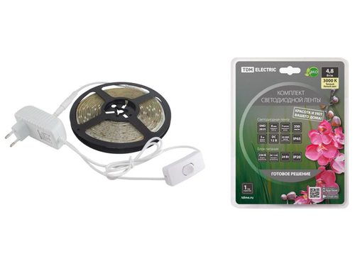 Лента светодиодная комплект SMD2835 60LED/м 12B 4,8Вт/м IP65 3000К 5м 24Вт TDM