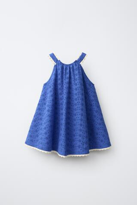 ZARA ПЛАТЬЕ С ВЫШИВКОЙ РИШЕЛЬЕ И КРУЖЕВОМ, ЯРКО-СИНИЙ