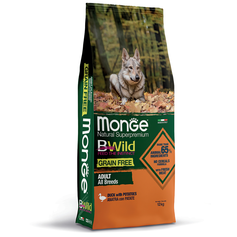 Monge Dog BWILD GRAIN FREE Сухой беззерновой корм для взрослых собак  Утка с картофелем, 12 кг.