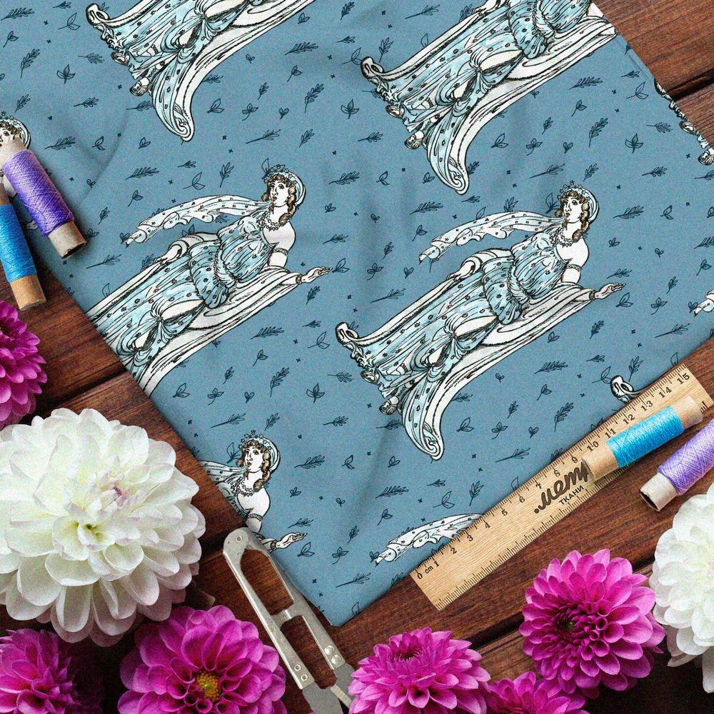 Ткань лён древнегреческие богини на голубом фоне